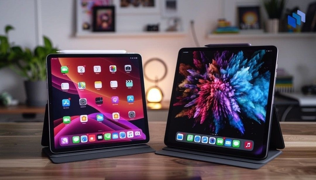 iPad Air og iPad pro stilt ved siden av hverandre p? et trebord