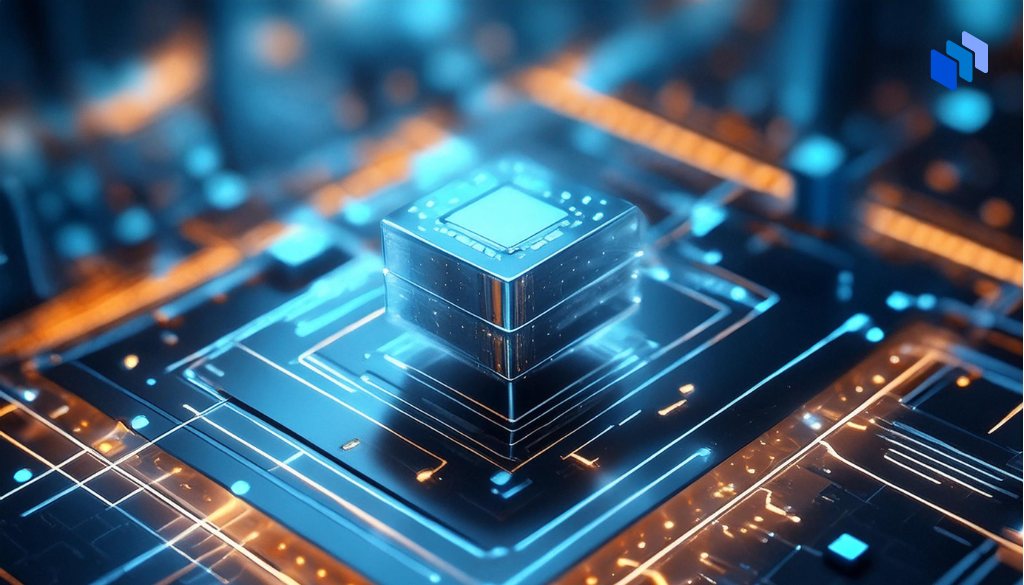 Ett teknologiskt kretskort med ett gl?nsande, upplyst chip i centrum, omgiven av ljusbl? och orange elektroniska m?nster.