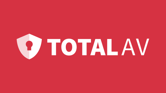 TotalAV logo i vitt med r?d bakgrund.