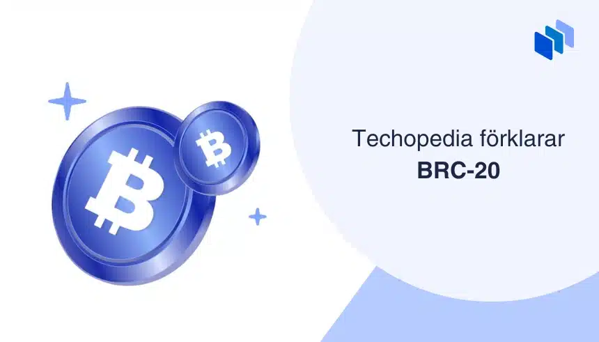 Bild med tv? Bitcoin-symboler i bl?tt och texten Techopedia f?rklarar BRC-20.