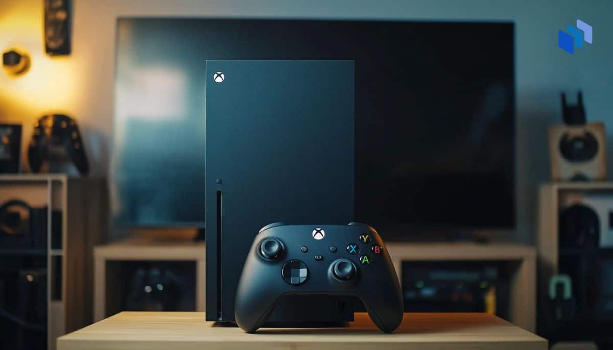 Xbox Series X med en spelkontroll framf?r, i en modern spelsetup med en stor TV i bakgrunden.