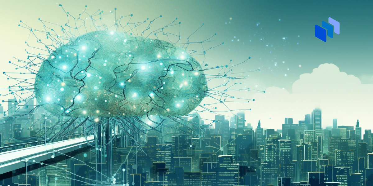 Brain with neutral networks against the city landscape