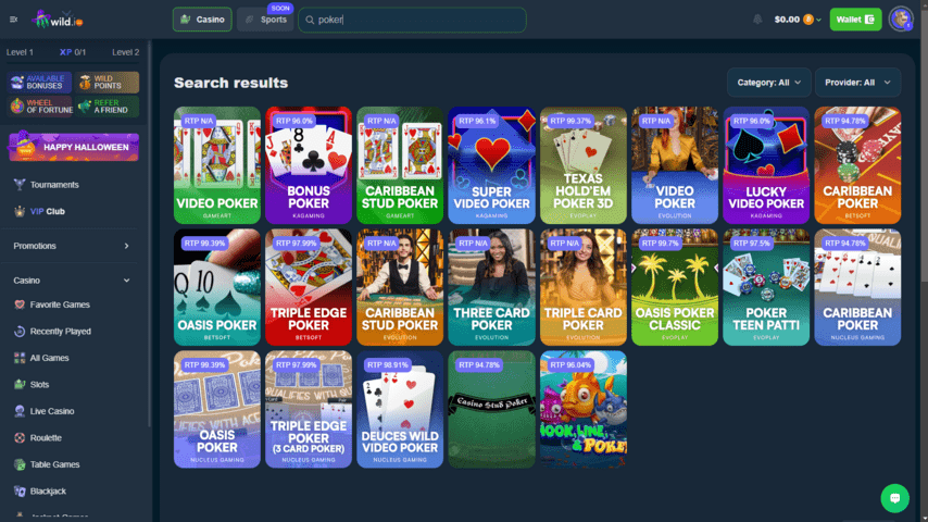 Wild.io poker selection